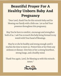 a prayer card with the words beautiful prayer for a healthy unborn baby and pregnant