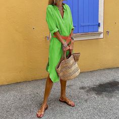 Women's Summer Bohemian Dress Lapel Long Sleeve Shirt Dress V-neck Shirt Dress For Beach Season, Casual Green V-neck Shirt Dress, Casual Green Dress For Beach Cover-up, Casual V-neck Shirt Dress For Vacation, Casual Beach Shift Shirt Dress, Beach Summer Midi-length Shirt Dress, Beach Summer Midi Length Shirt Dress, V-neck Shirt Dress For Summer Beach, Casual Midi-length Shirt Dress For Beach