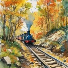 a painting of a train going down the tracks in autumn time with trees and rocks