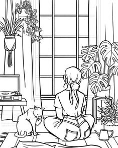 a woman sitting in front of a window with a cat on the floor next to her