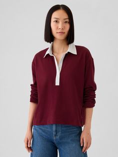 Cropped Rugby Polo Shirt | Gap Rugby Sweater Women, Gap Cotton Crew Neck T-shirt, Free People Rugby Shirt, Rugby Collar Shirt, Rugby Sweatshirt, Rugby Polo, Polo Long Sleeve, Post Baby, Red Tshirt