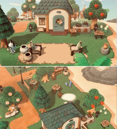 two pictures of the same house in animal crossing