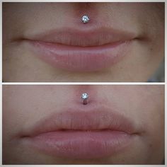 two pictures of a woman's lips with diamond nose piercings