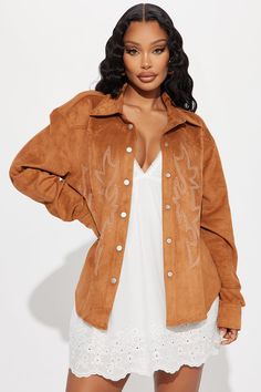 Faux Suede Shirt Jacket, Embroidered Long Sleeve Brown Outerwear, Suede Button-up Outerwear, Button-up Suede Outerwear With Pockets, Long-sleeved Suede Outerwear With Faux Fur Lining, Outfits For Mexico, Service Women, Women Shirts Blouse, Matching Dresses