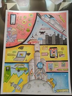 a drawing of a space station with an astronaut on the moon and other things around it