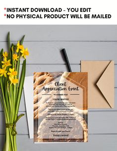 a flyer for an appreciation event with flowers in front of it and a notepad next to it