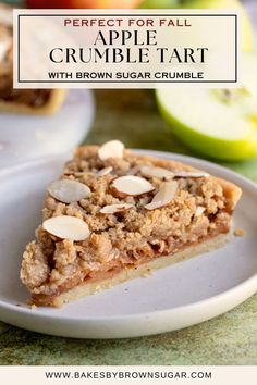 a slice of apple crumble tart on a plate