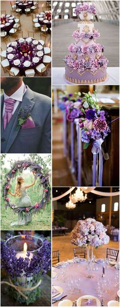 purple and green wedding decor with flowers on the table, candles in vases and plates