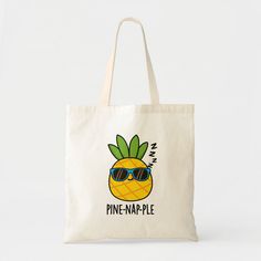 petitePine-nap-ple Funny Napping Fruit Pineapple Pun Tote Bag Color: Natural. Gender: unisex. Age Group: adult. Pineapple Puns, Diy Tote Bag Design, Canvas Bag Diy, Fruit Pineapple, Funny Fruit, Cute Pineapple, Handpainted Bags