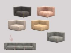 four different types of couches with arrows pointing to the right and left ends, all in various colors