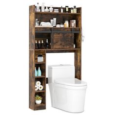 a wooden shelf over a toilet filled with bottles