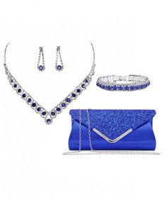 4pcs/Set Women Party Elegant Sequin Decor Clutch Bag, Luxury Crystal Necklace Earrings Bracelet Jewelry Set Blue Glamorous   Polyester Plain,All Over Print Square Bag   Women Bags, size features are:Bust: ,Length: ,Sleeve Length: Bride Bag, Sequin Decor, Bag Luxury, Women Party, Set Women, Rhinestone Necklace, Bracelet Jewelry, Square Bag, Ladies Party