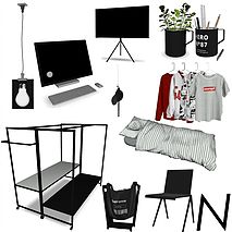 a bunch of items that are sitting on a white surface, including a bed, chair, television and other things