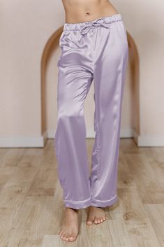 Model: Brinkley; Size: S Elegant Purple Satin Bottoms, Satin Colors, Wedding Parties Colors, Light Lavender, Sleep Pants, Satin Color, White Pearl, Classic White, Getting Ready