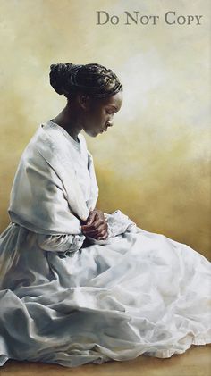 a painting of a woman wearing a white dress and holding her hands on her knees