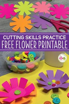 colorful paper flowers and buttons are on the table with scissors, yarn, and other crafting supplies