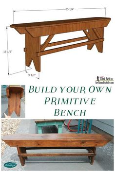 a wooden bench sitting next to a table with measurements for the top and bottom section