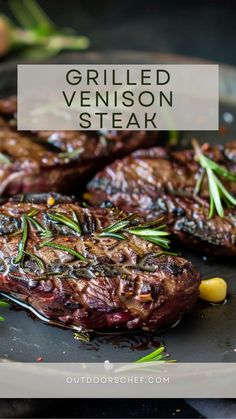 grilled venison steak on a pan with rosemary garnish