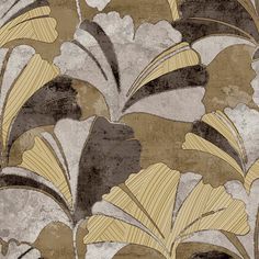 an artistic wallpaper design with leaves and flowers in brown, beige and grey colors