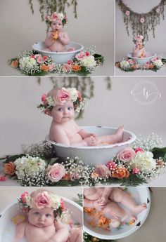 a baby in a tub with flowers on its head