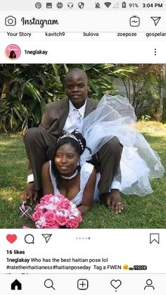 a man and woman posing for a photo on their wedding day