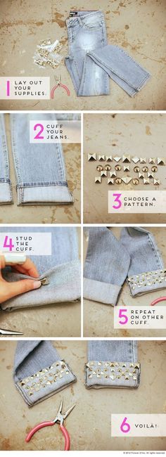 how to sew an old pair of jeans with chains and studded trims