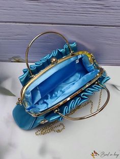 BirdinBag - Glamorous Blue Rhinestone Ruched Bag with Double Handles, Ideal for Parties Ruched Bag, Blue Rhinestones, Handle Bag, Color Blue, Handles, Kiss, Blue Color, Size Medium, Pattern