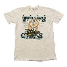 Vintage 1988 World Series Champions Oakland Athletics T-Shirt Adult Medium To purchase go to Vintage Sports Shirt, Vintage College Shirts, College Shirt Design, Bear And Duck, Merch Shoot, World Series Shirts, Unique Font, Cool Slogans, Vintage College