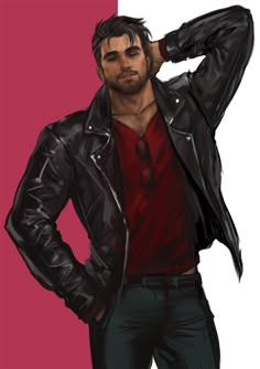 a drawing of a man in black leather jacket and red shirt with his hands on his head