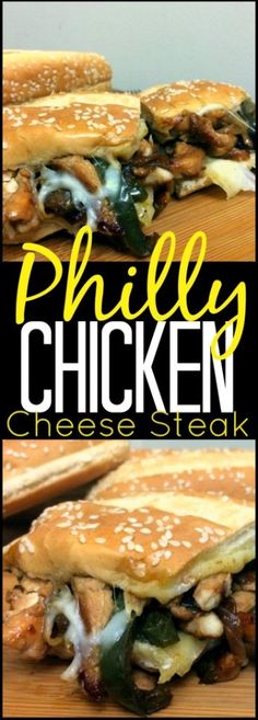 the cover of phily chicken cheese steak sandwich on a cutting board with text overlay