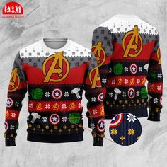 the avengers christmas sweater is on display in front of a gray background with an image of captain america