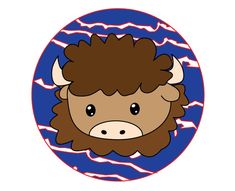 a cartoon bison with horns on it's head is in a blue and white circle