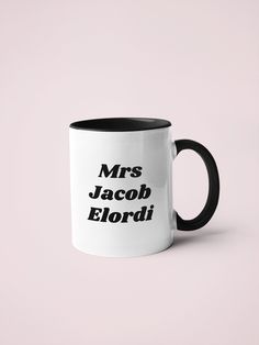 a black and white coffee mug with the words mrs christ prat printed on it