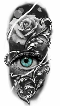 an eye with roses on it and the background is black and white, but has blue eyes