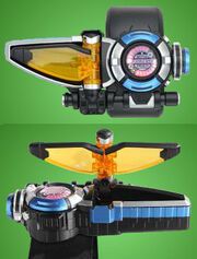 two views of the top and bottom parts of a toy helicopter, with one flying in the air