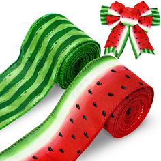 a roll of watermelon ribbon with a red bow on the top and green stripes