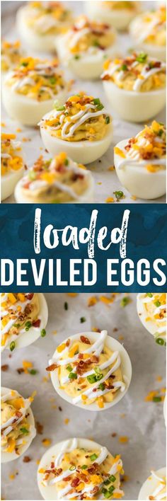 deviled eggs with bacon and cheese on top