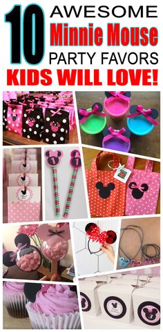 some minnie mouse party favors and cupcakes with the words 10 awesome minnie mouse party favors