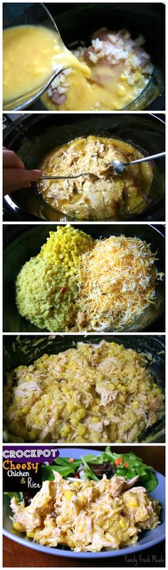 the process of making chicken and rice casserole is shown in four different stages