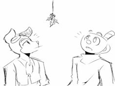 a drawing of two people looking up at a spider hanging from the ceiling above them