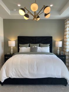 a bedroom with a large bed and two lamps on either side of the headboard