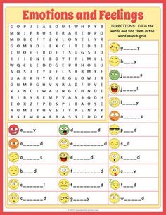 emotions and feelings worksheet for kids to practice the word search with smiley faces