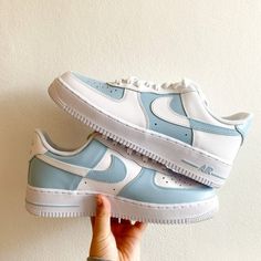 Custom Air Force 1 Baby Blue Colour Block-shecustomize Black Air Force 1, White Air Force 1, Nike Air Force One, Nike Shoes Girls, Preppy Shoes, Air Force 1 Custom, Custom Air Force 1, Baskets Nike, Water Blue