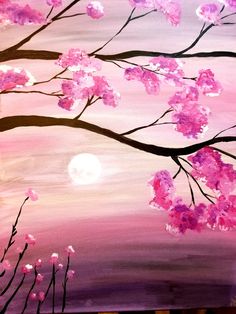 a painting with pink flowers on it and the moon in the sky behind it,