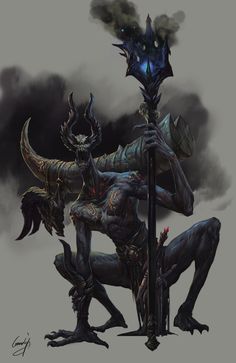 a drawing of a demon holding a pole with two horns on it's head