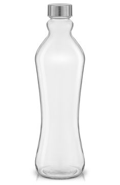 a clear glass bottle with a silver lid on a white background, it is empty