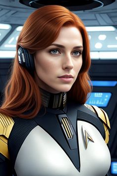 a woman with red hair and headphones in front of a spaceship ship, looking at the camera