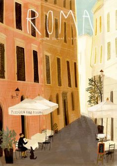 a painting of people sitting at tables in front of buildings with the word roma written above them