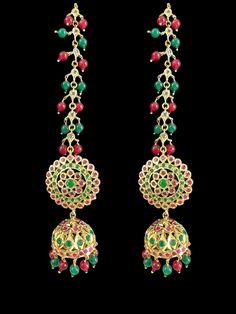 gold plated earrings color of stone - green and ruby pink type of stone - cz Polki pearls / beads - quartz beads plating - gold plated length in inches - 2.8 inches width in inches - 1 inches Ear post - straight Festive Stone Work Beaded Earrings, Festive Jeweled Gold-plated Earrings, Kundan Round Beads Temple Jewelry Earrings, Kundan Temple Jewelry Earrings With Round Beads, Festive Bollywood Style Earrings With Round Beads, Bollywood Style Round Bead Earrings For Festive Occasions, Festival Jeweled Drop Earrings, Festive Temple Jewelry Earrings With Round Beads, Festive Green Round Bead Earrings