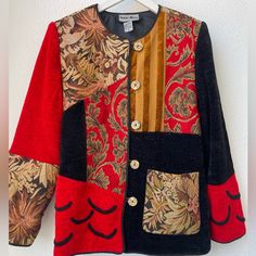 This Is In Incredible Vintage Condition. Like It Was Never Worn! Padded Shoulders. I Have Another In A Different Pattern As Well. Its Like Wearing Art. Bundle To Save! Red Vintage Outerwear With Floral Embroidery, Vintage Red Outerwear With Floral Embroidery, Red Floral Embroidered Outerwear For Fall, Red Floral Embroidery Outerwear For Fall, Diy Upcycle, Patchwork Jacket, Vintage Indigo, Patch Work, Art Bundle